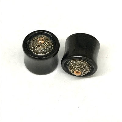 Traditional Black Water Buffalo Horn Balinese Plugs with Silver - PHTB10