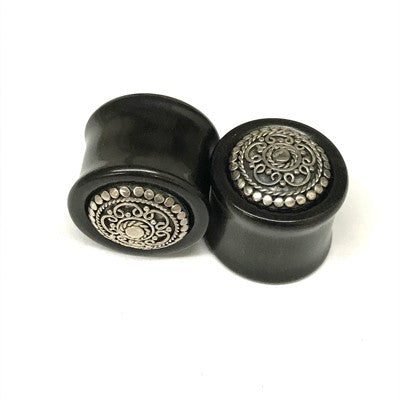 Traditional Black Water Buffalo Horn Balinese Plugs with Silver - PHTB13