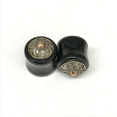 Traditional Black Water Buffalo Horn Balinese Plugs with Silver - PHTB3