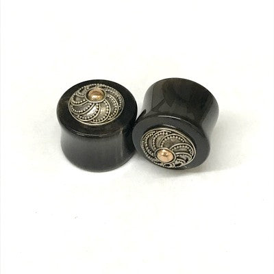 Traditional Black Water Buffalo Horn Balinese Plugs with Silver - PHTB4