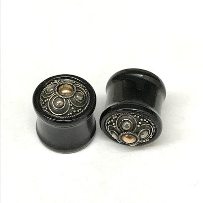 Traditional Black Water Buffalo Horn Balinese Plugs with Silver - PHTB5