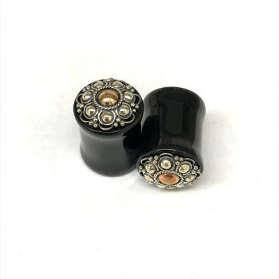 Traditional Black Water Buffalo Horn Balinese Plugs with Silver - PHTB7
