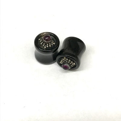 Traditional Black Water Buffalo Horn Balinese Plugs with Silver and Amethyst Gem