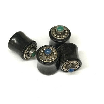 Traditional Black Water Buffalo Horn Balinese Plugs with Silver and Gem - PHTBG1
