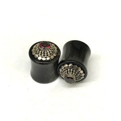 Traditional Black Water Buffalo Horn Balinese Plugs with Silver and Gem - PHTBG12