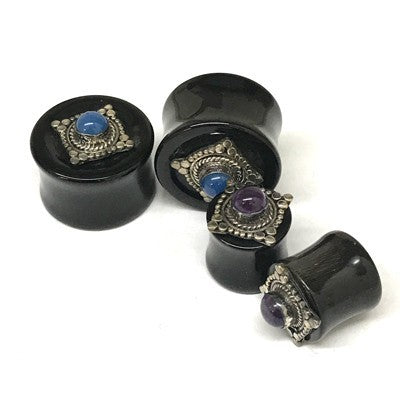 Traditional Black Water Buffalo Horn Balinese Plugs with Silver and Gem - PHTBG13