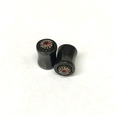 Traditional Black Water Buffalo Horn Balinese Plugs with Silver and Gem - PHTBG2