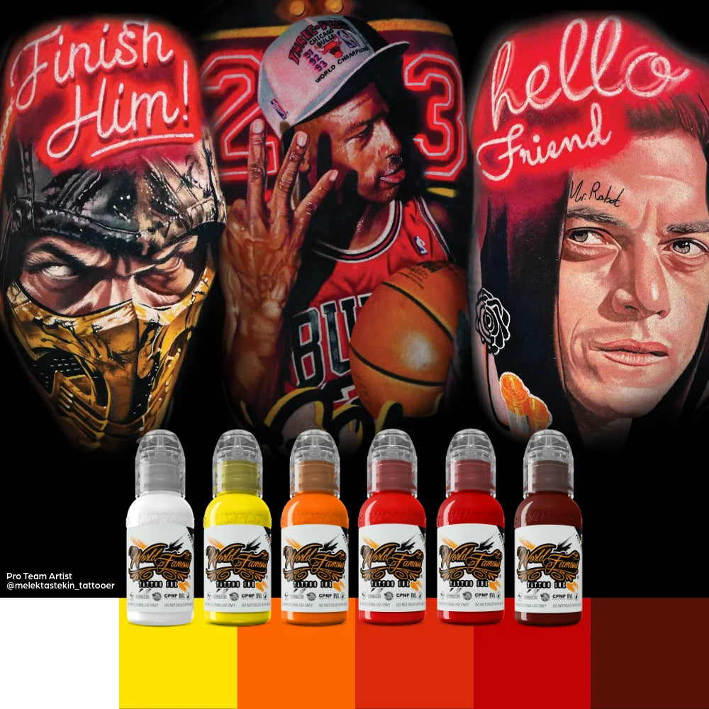 World Famous Tattoo Ink - Red Neon Effect Series - 6 Bottles