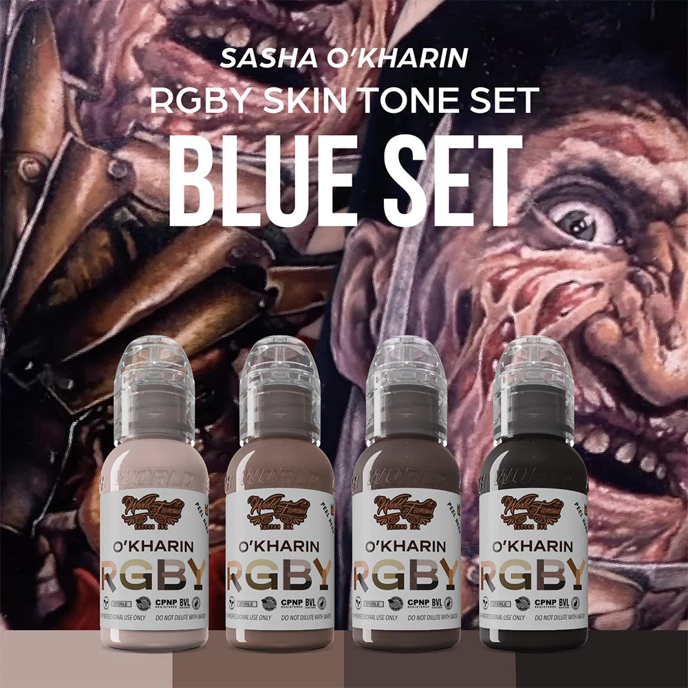 The World Famous Tattoo Ink Set —Sasha O’Kharin RGBY Skin Tone Blue Mini Set of 4 Colors 1oz