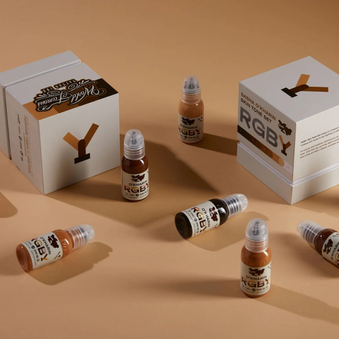 The World Famous Tattoo Ink Set — Sasha O’Kharin RGBY Skin Tone Yellow Mini Set of 4 Colors 1oz