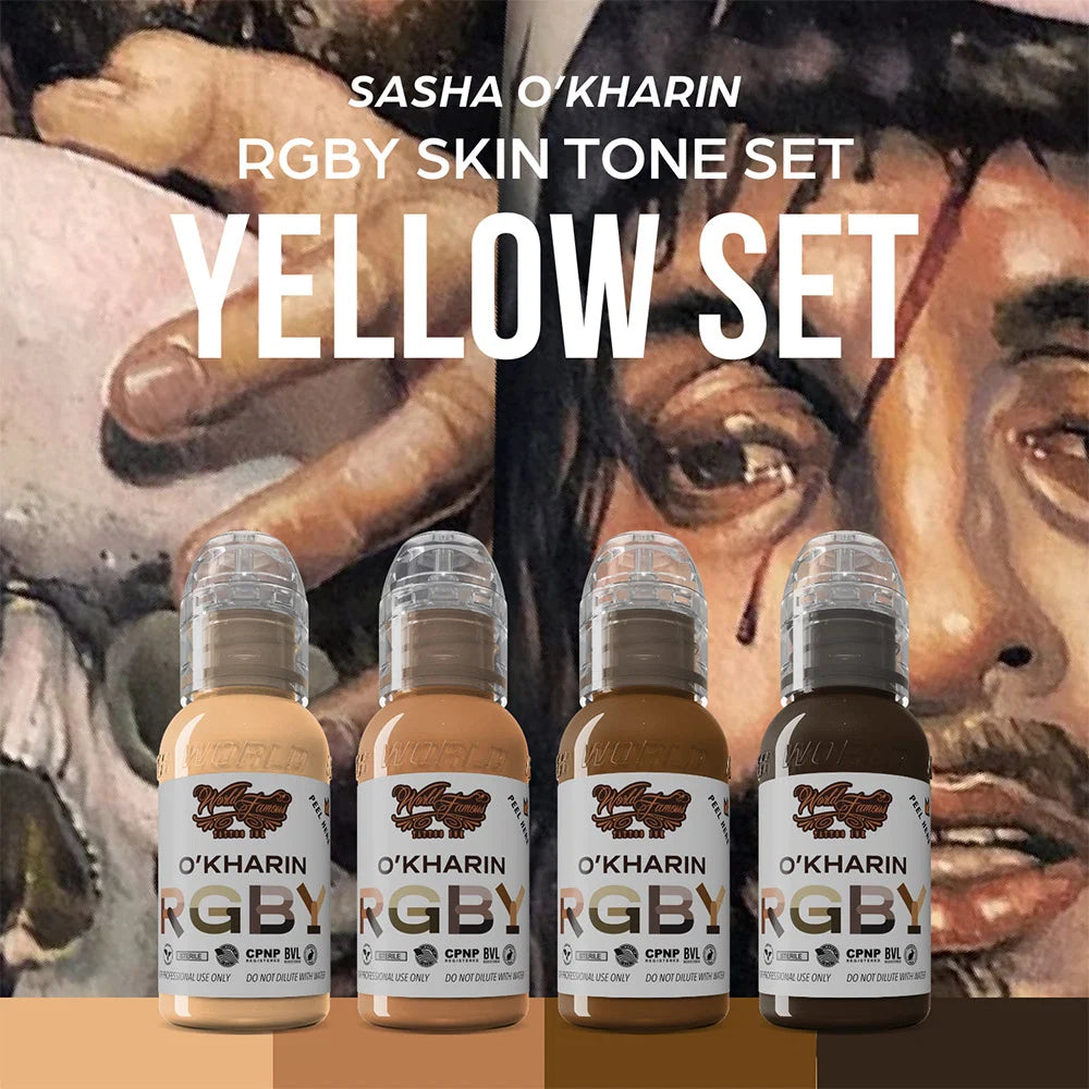 The World Famous Tattoo Ink Set — Sasha O’Kharin RGBY Skin Tone Yellow Mini Set of 4 Colors 1oz