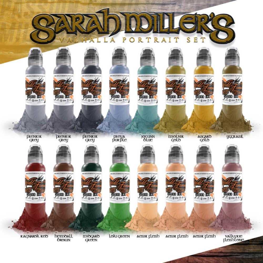 World Famous Tattoo Ink Set - 16 Color Sarah Miller Valhalla Portrait Set 1oz