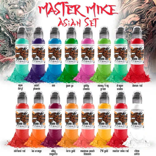 World Famous Tattoo Ink - Master Mike Asian Tattoo Set - 16 Bottles